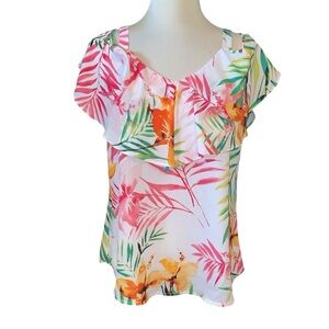 New York & Company blouse cold shoulder fluttery sleeve tropical print Sz S NWT